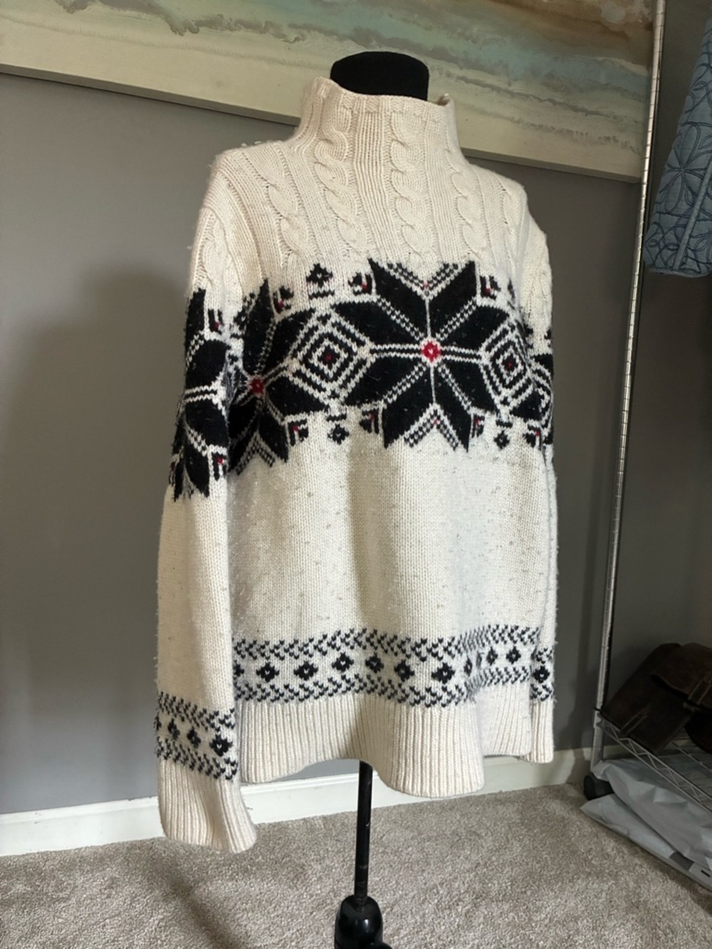 Ralph Lauren Cream Cable-Knit Turtleneck Sweater with Black Fair Isle Motif